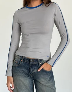 Motel Rocks Basic Tops | Long Sleeve Tops-Bonija Long Sleeve Top in Grey with Cobalt Blue Piping GreywithCobaltBluePiping