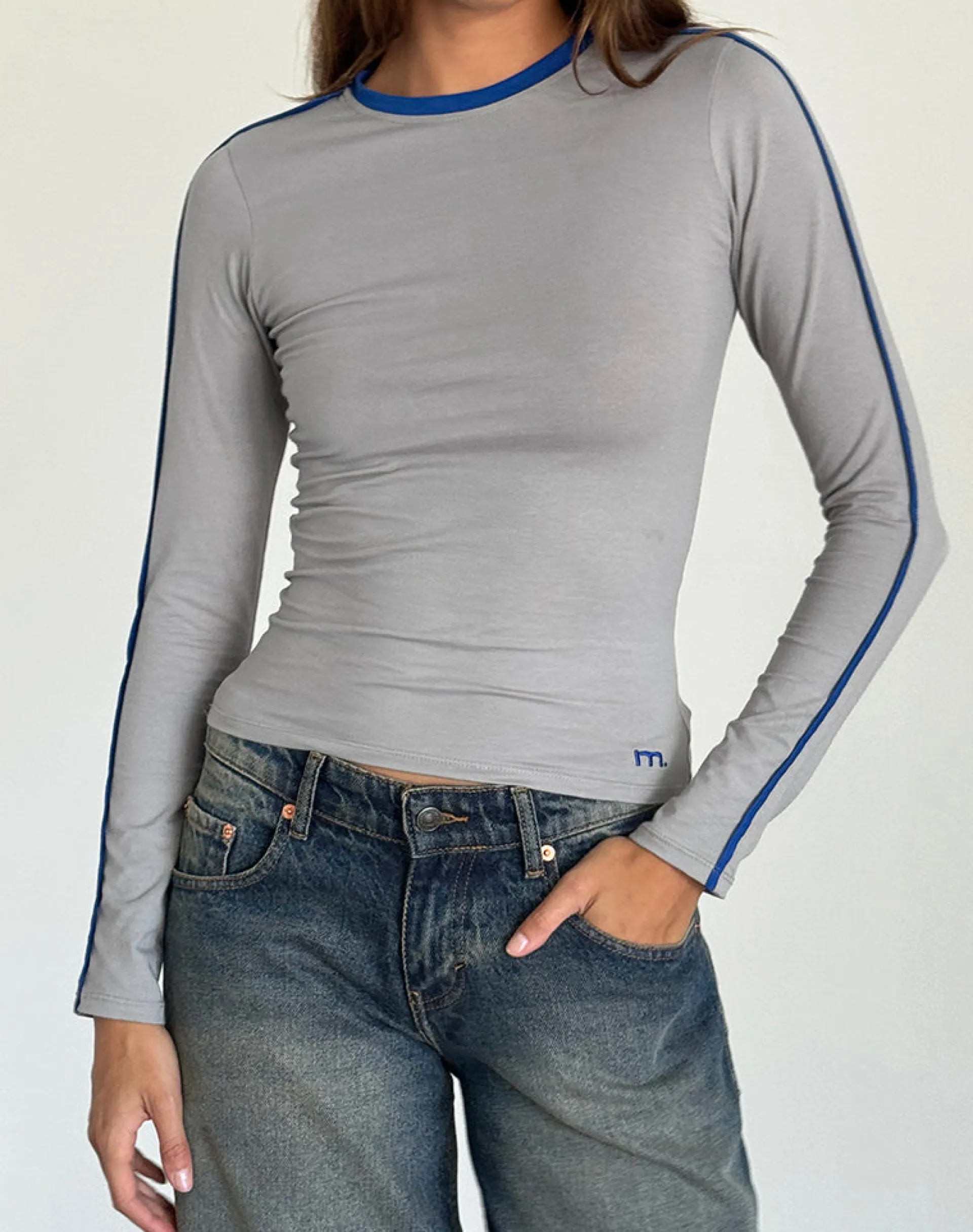Motel Rocks Basic Tops | Long Sleeve Tops-Bonija Long Sleeve Top in Grey with Cobalt Blue Piping GreywithCobaltBluePiping