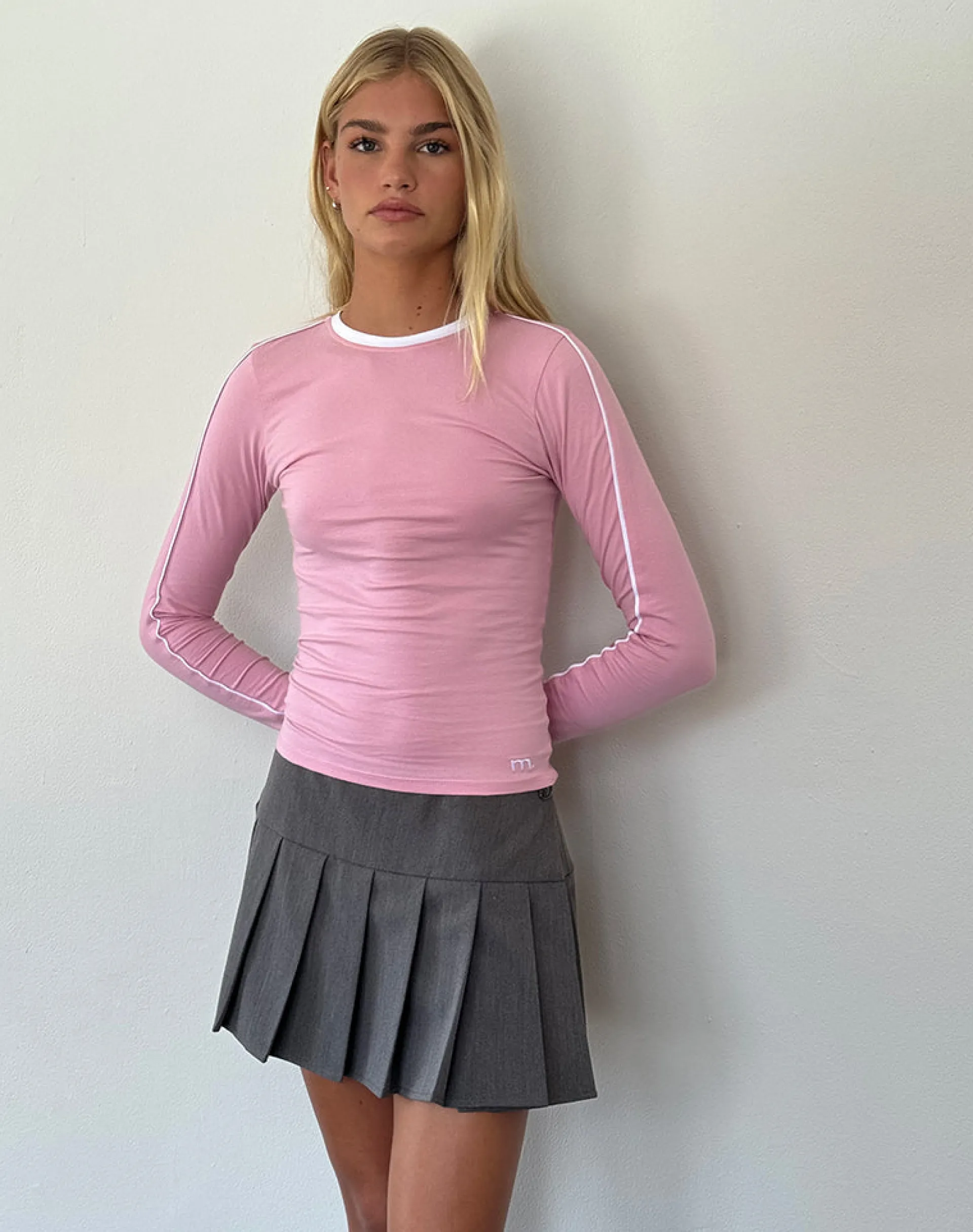Motel Rocks Basics | Basic Tops-Bonija Long Sleeve Top in Flamingo Pink with White Piping and M Embroidery FlamingoPinkwithWhitePipingandMEmbroidery