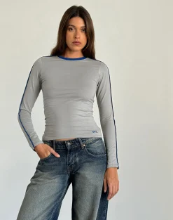 Motel Rocks Basic Tops | Long Sleeve Tops-Bonija Long Sleeve Top in Grey with Cobalt Blue Piping GreywithCobaltBluePiping
