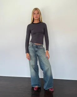 Motel Rocks Basics | Basic Tops-Bonija Long Sleeve Top in Beluga with Black Piping and M Embroidery BelugawithBlackPipingandMEmbroidery