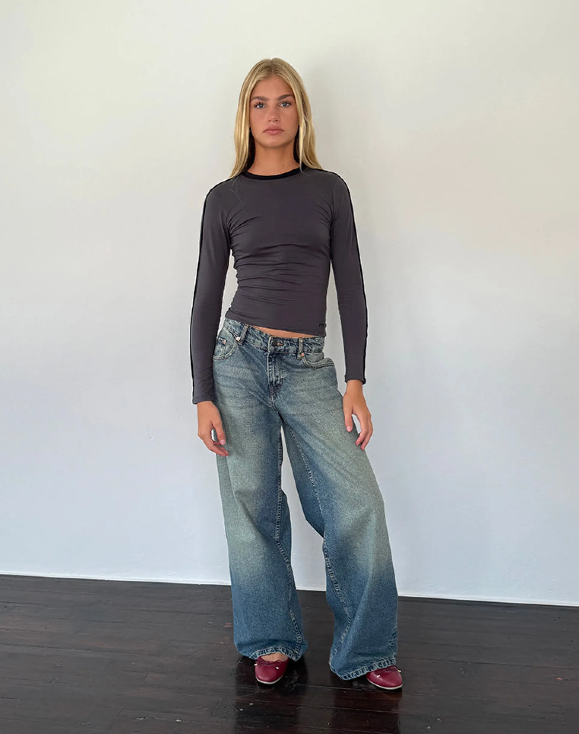 Motel Rocks Basics | Basic Tops-Bonija Long Sleeve Top in Beluga with Black Piping and M Embroidery BelugawithBlackPipingandMEmbroidery