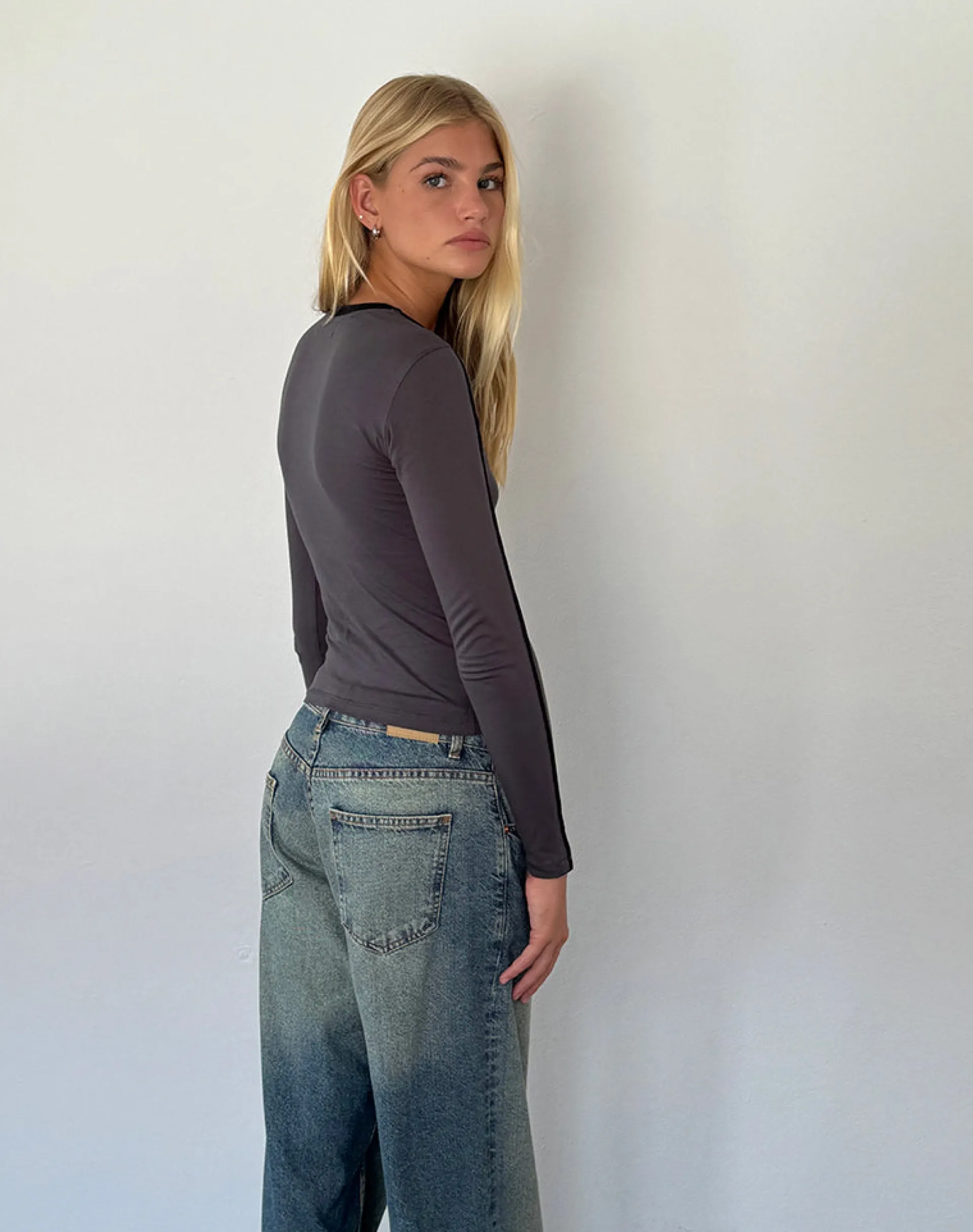 Motel Rocks Basics | Basic Tops-Bonija Long Sleeve Top in Beluga with Black Piping and M Embroidery BelugawithBlackPipingandMEmbroidery