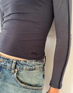 Motel Rocks Basics | Basic Tops-Bonija Long Sleeve Top in Beluga with Black Piping and M Embroidery BelugawithBlackPipingandMEmbroidery