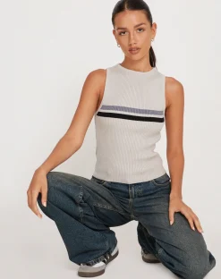 Motel Rocks Vest Tops-Bonisa Vest in White with Grey and Black Stripe