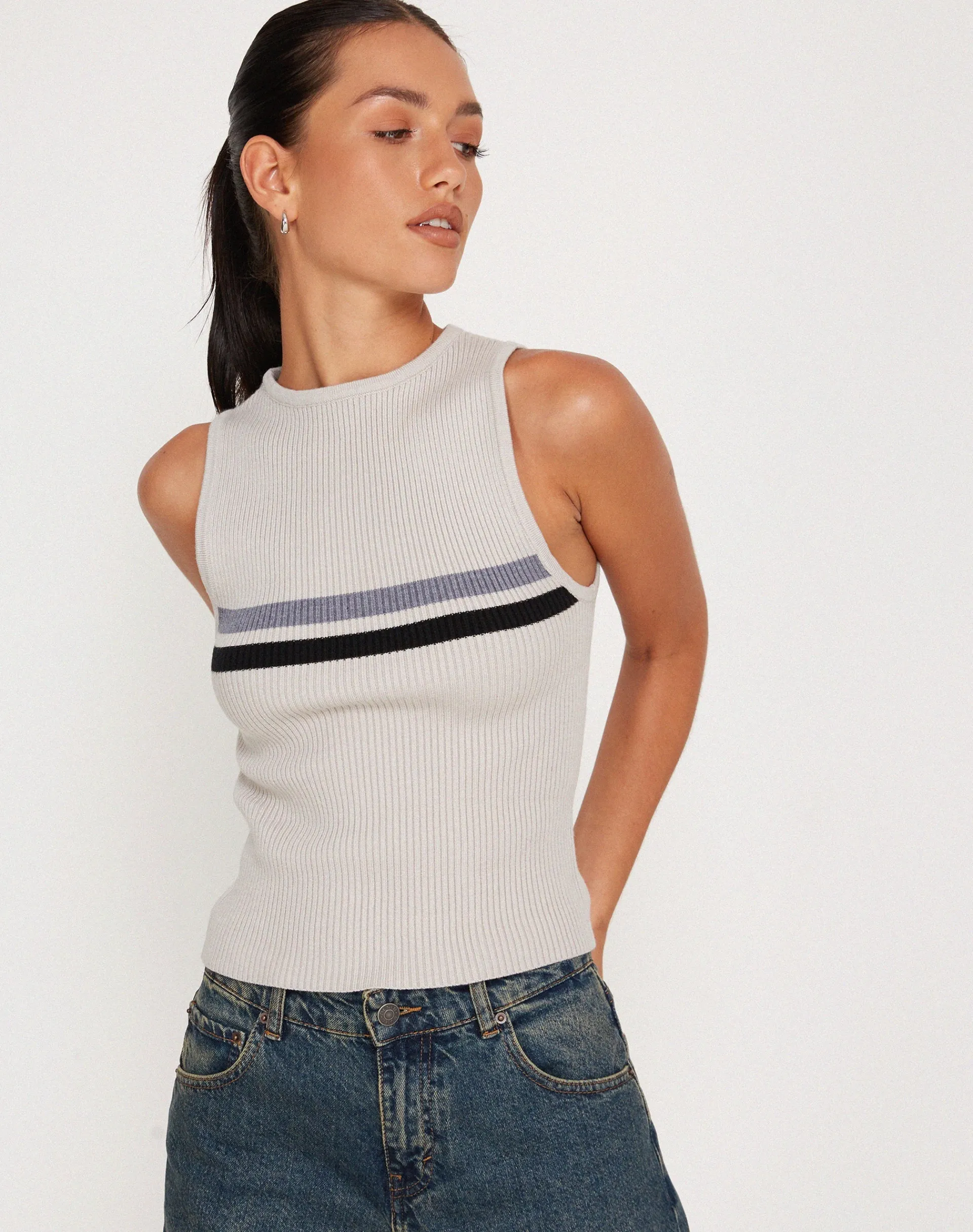 Motel Rocks Vest Tops-Bonisa Vest in White with Grey and Black Stripe