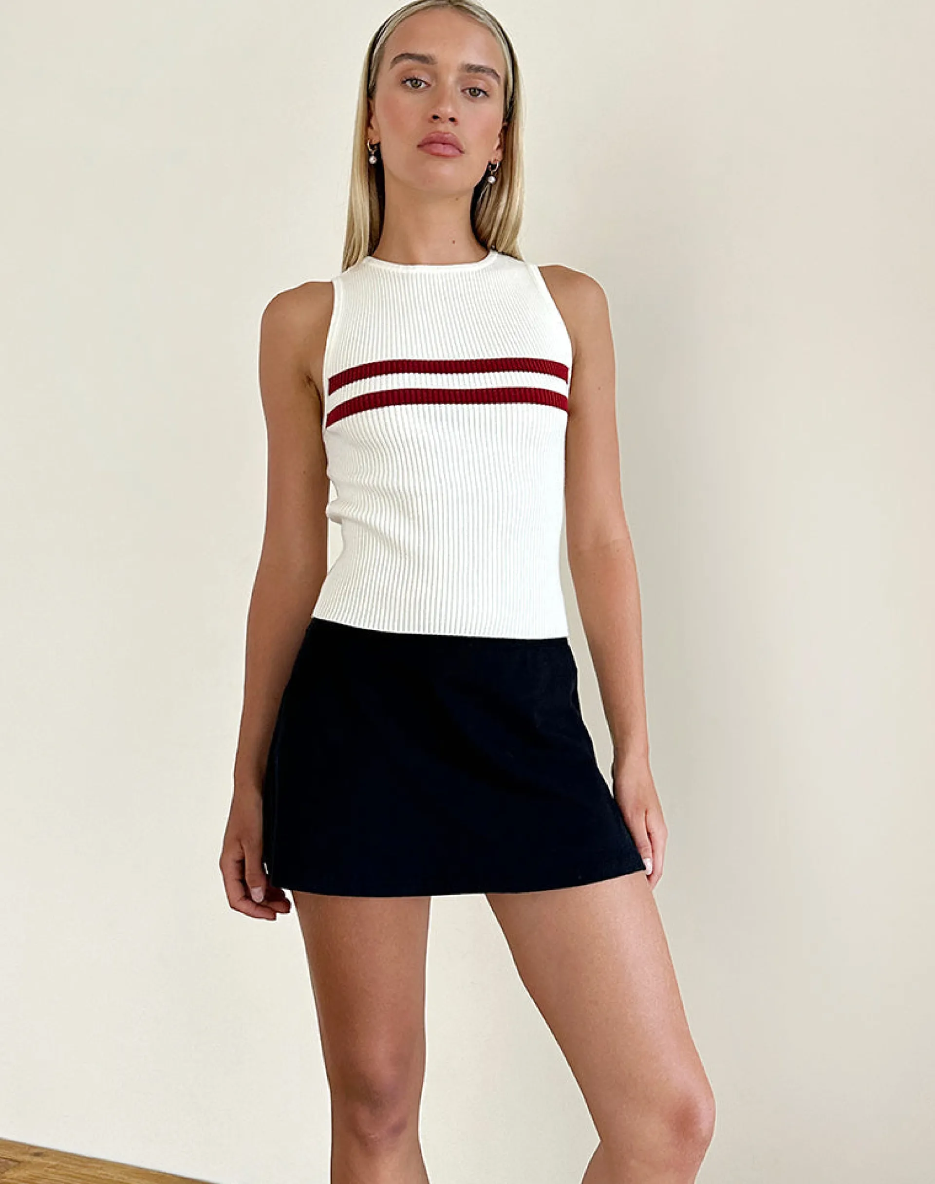 Motel Rocks Vest Tops-Bonisa Vest Top in Ivory with Red Stripes IvorywithRedStripes