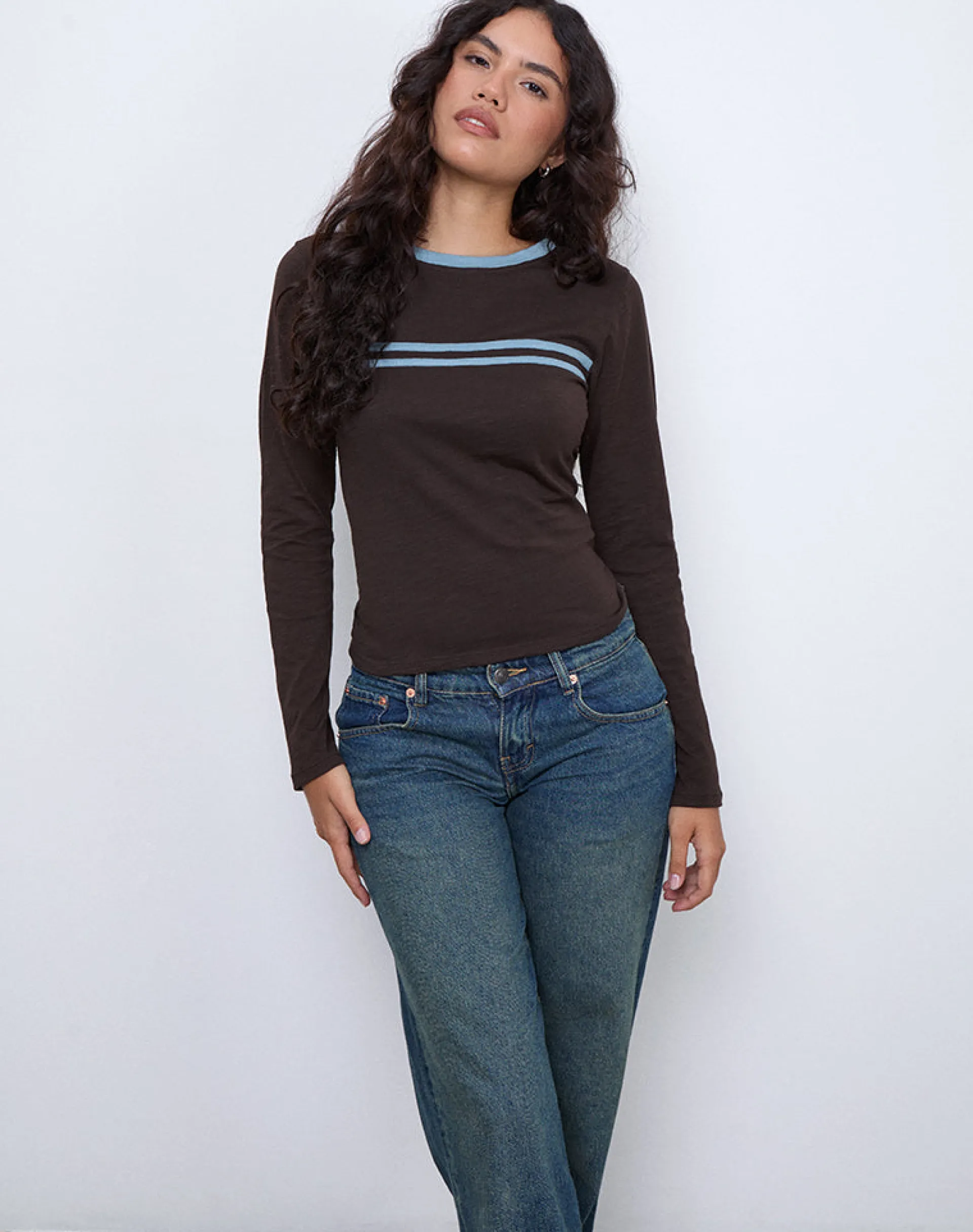 Motel Rocks Long Sleeve Tops-Bonjita Long Sleeve Top in Chocolate Brown with Ash Blue Two Stripe Binding