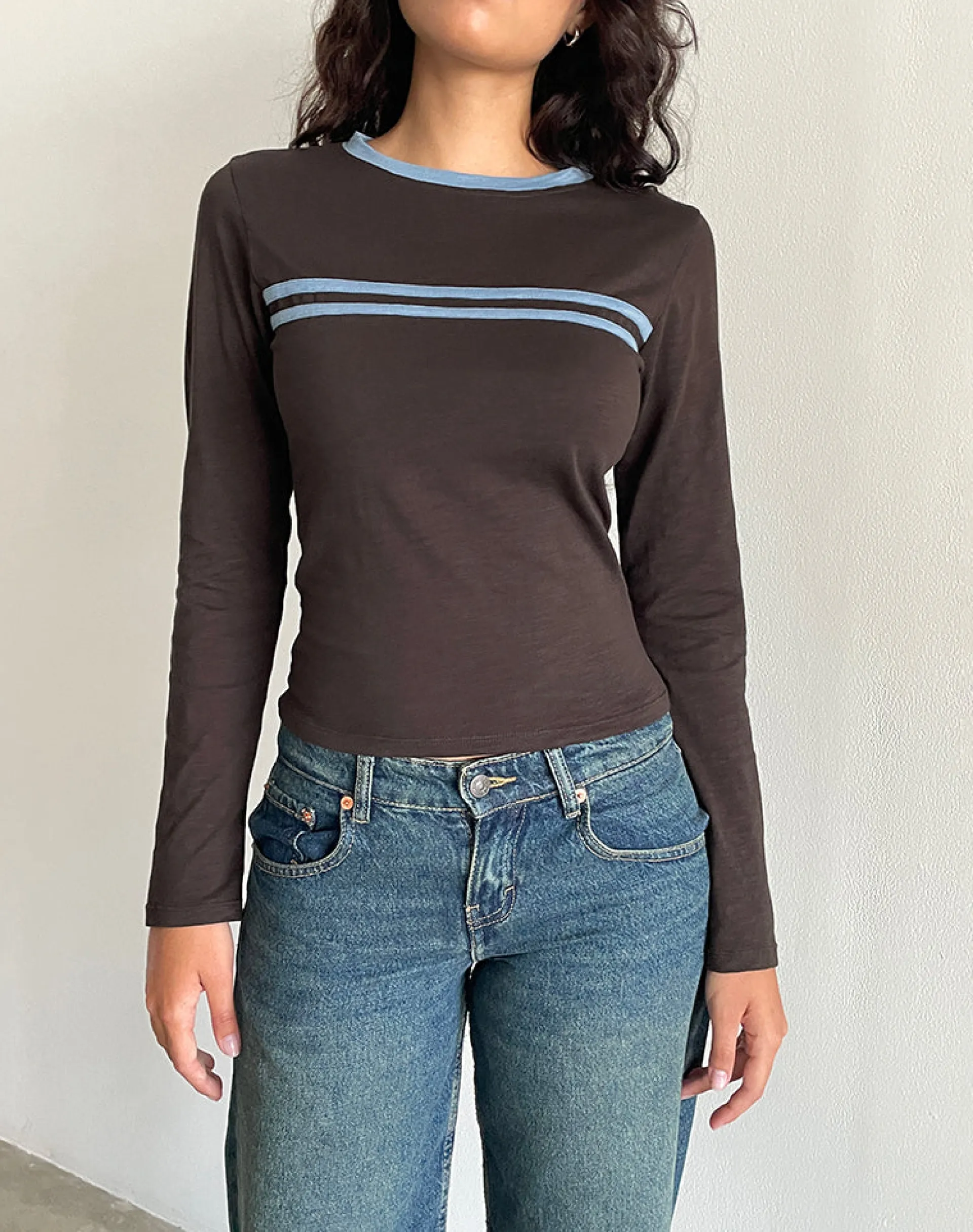 Motel Rocks Long Sleeve Tops-Bonjita Long Sleeve Top in Chocolate Brown with Ash Blue Two Stripe Binding
