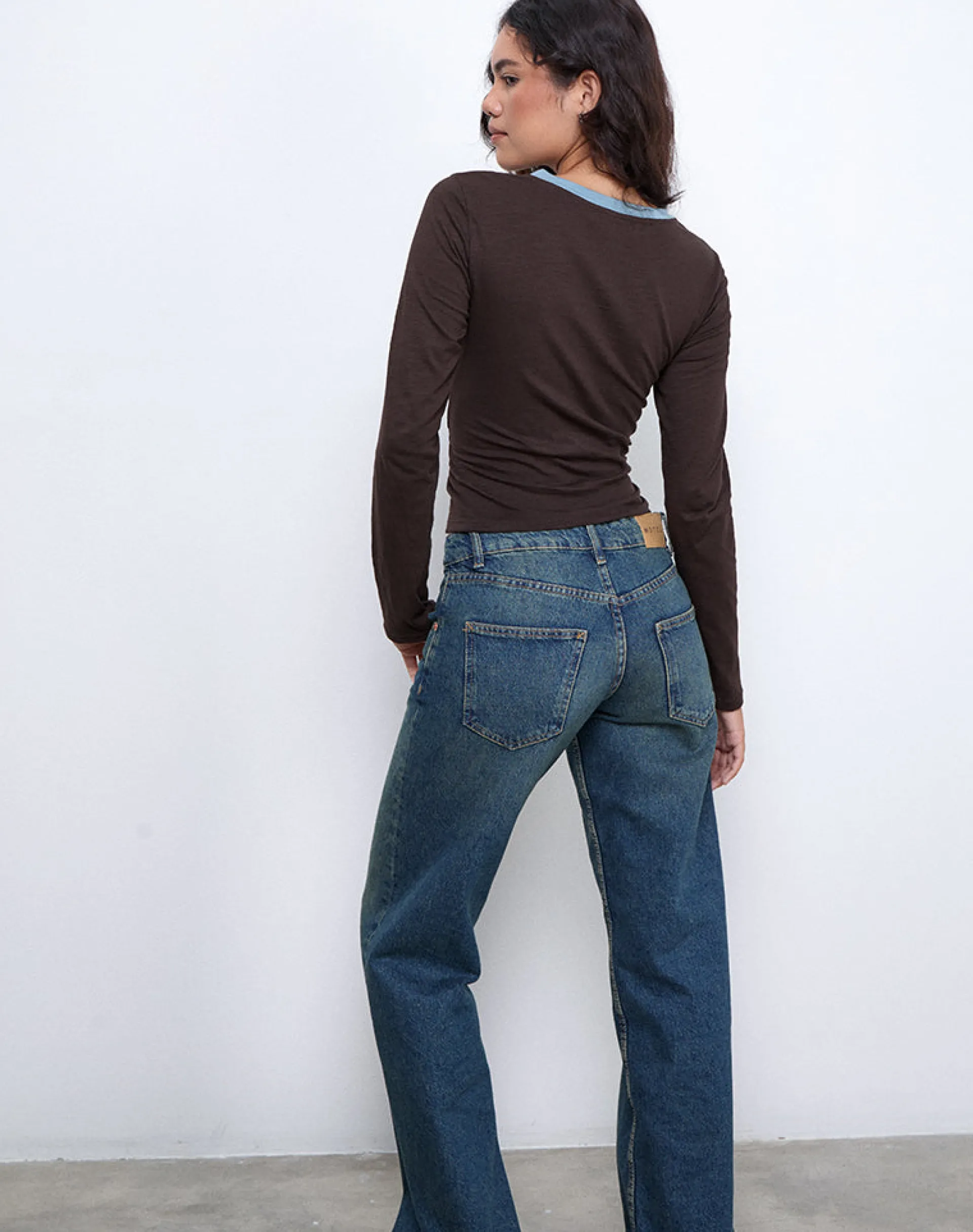 Motel Rocks Long Sleeve Tops-Bonjita Long Sleeve Top in Chocolate Brown with Ash Blue Two Stripe Binding