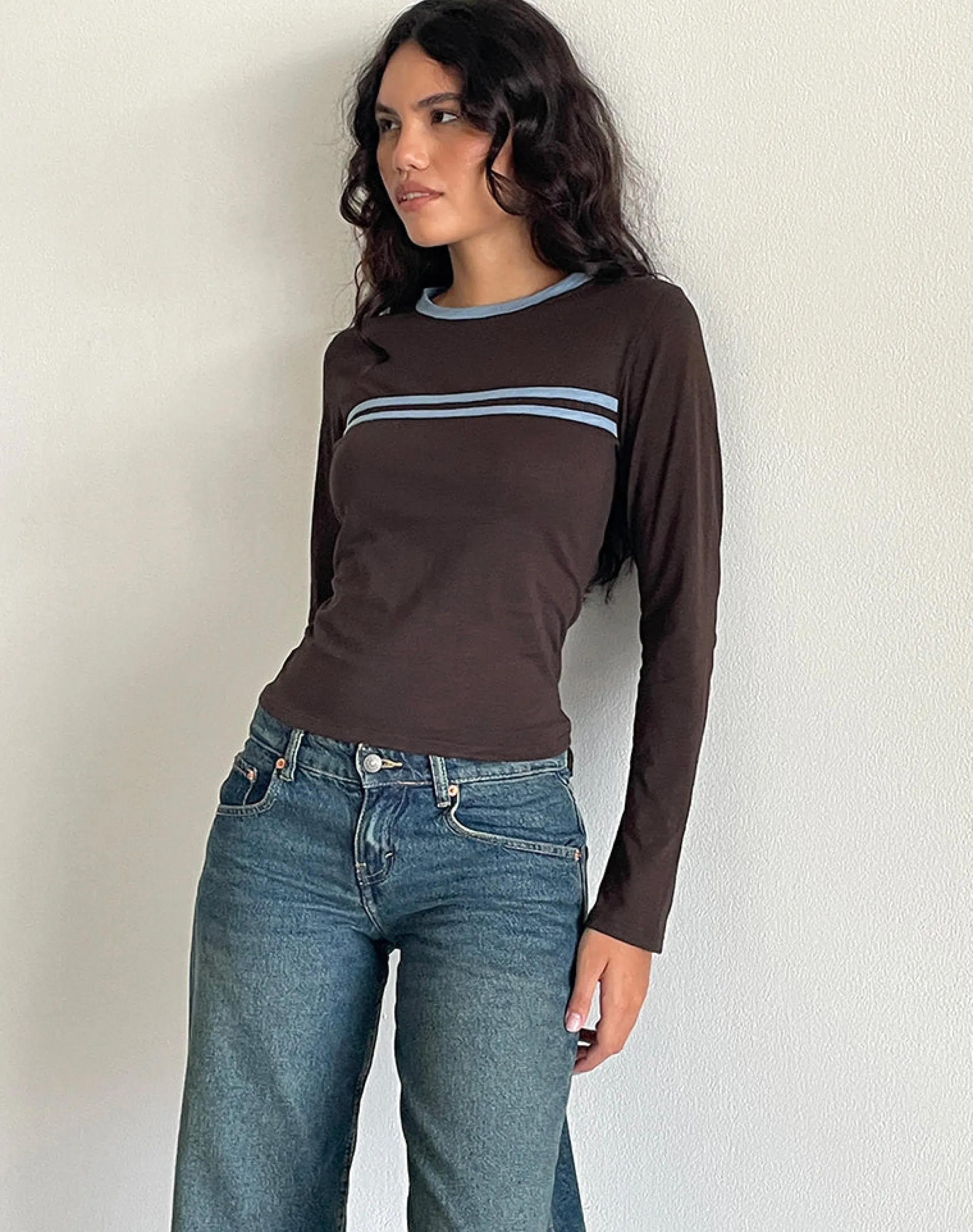 Motel Rocks Long Sleeve Tops-Bonjita Long Sleeve Top in Chocolate Brown with Ash Blue Two Stripe Binding