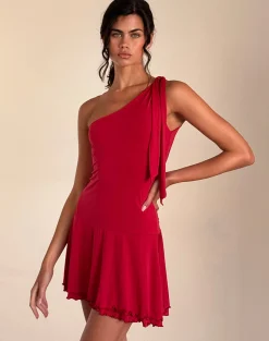 Motel Rocks Party Dresses | Mini Dresses-Boone One Shoulder Mini Dress in Slinky Red