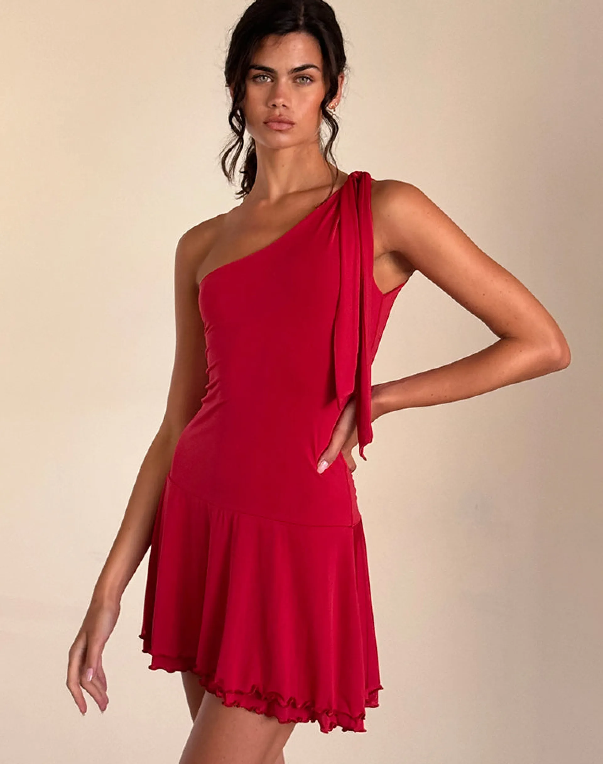 Motel Rocks Party Dresses | Mini Dresses-Boone One Shoulder Mini Dress in Slinky Red
