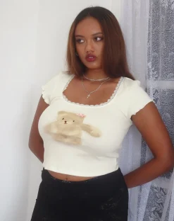 Motel Rocks Printed Tops-Bovillo Cap Sleeve Top in White Rib with Teddy Motif WhiteRibwithTeddyMotif