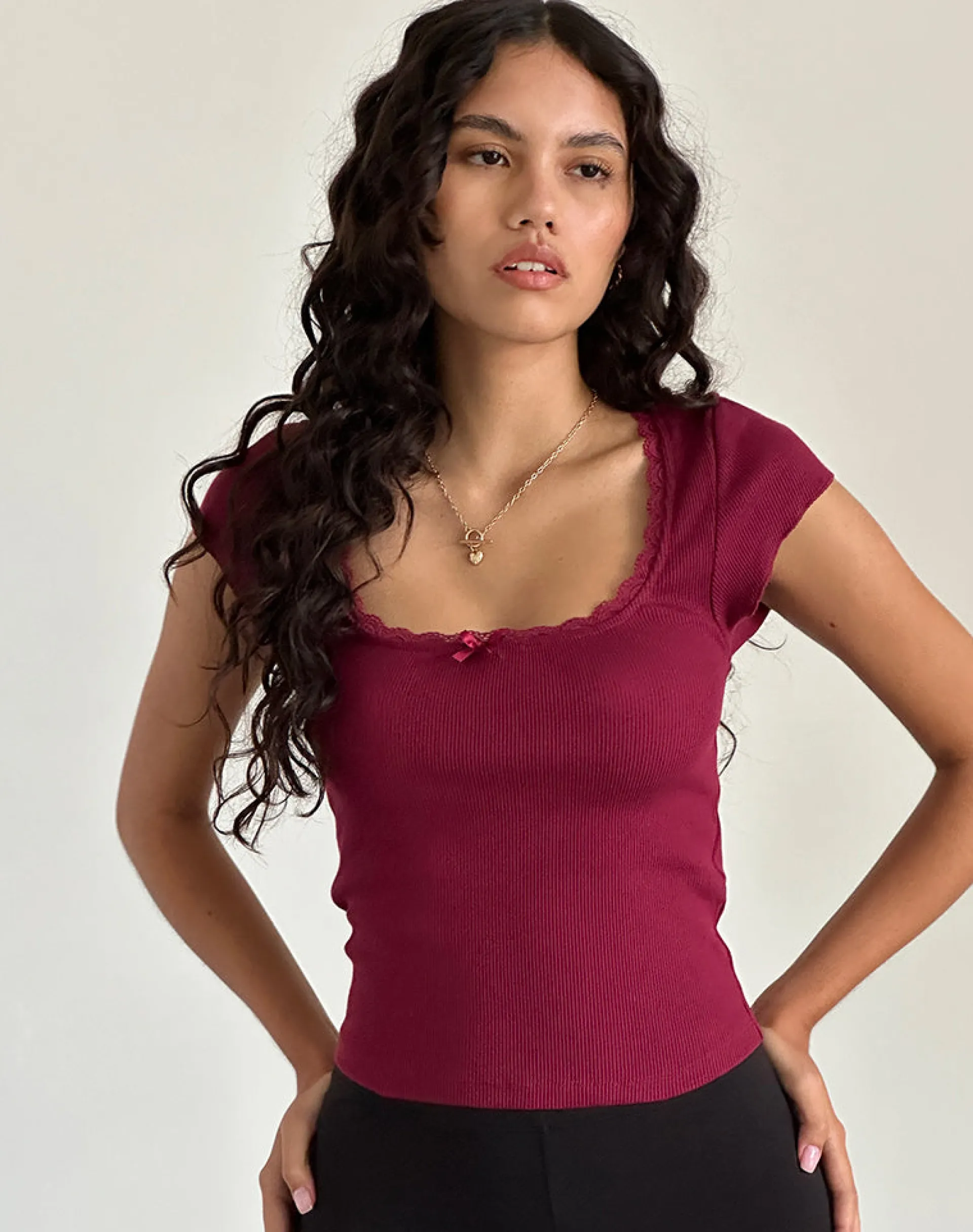 Motel Rocks Basics | Basic Tops-Bovillo Cap Sleeve Top in Burgundy