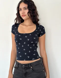 Motel Rocks Printed Tops-Bovino Top in Mini Bow Navy