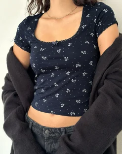 Motel Rocks Printed Tops-Bovino Top in Mini Bow Navy