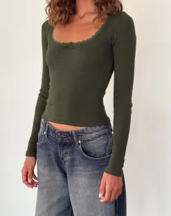 Motel Rocks Basics | Basic Tops-Bovita Long Sleeve Ribbed Top in Olive