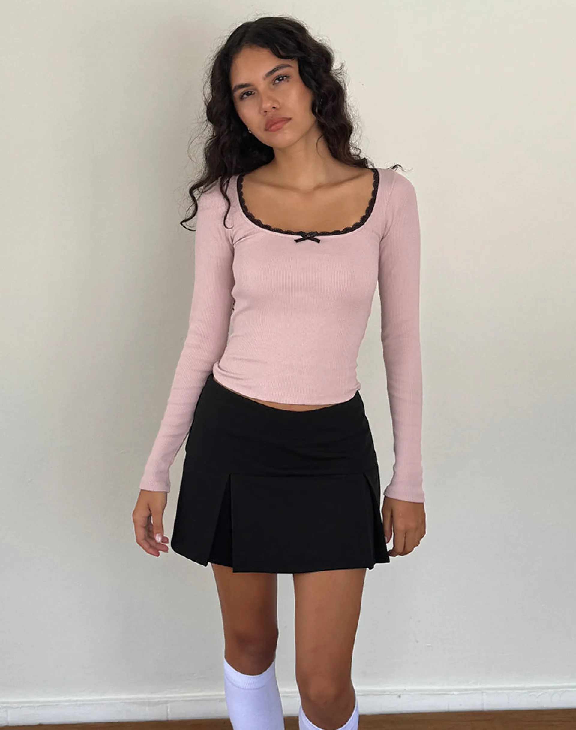 Motel Rocks Basics | Basic Tops-Bovita Long Sleeve Ribbed Top in Pink Lady with Black Lace PinkLadywithBlackLace