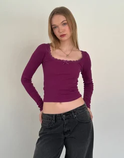 Motel Rocks Basics | Basic Tops-Bovita Long Sleeve Ribbed Top in berry