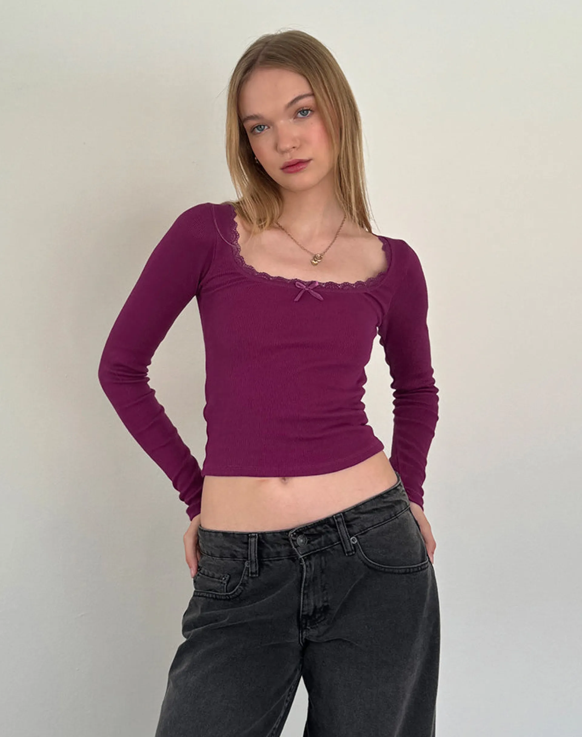 Motel Rocks Basics | Basic Tops-Bovita Long Sleeve Ribbed Top in berry