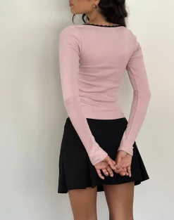 Motel Rocks Basics | Basic Tops-Bovita Long Sleeve Ribbed Top in Pink Lady with Black Lace PinkLadywithBlackLace