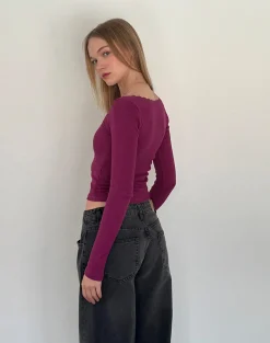 Motel Rocks Basics | Basic Tops-Bovita Long Sleeve Ribbed Top in berry