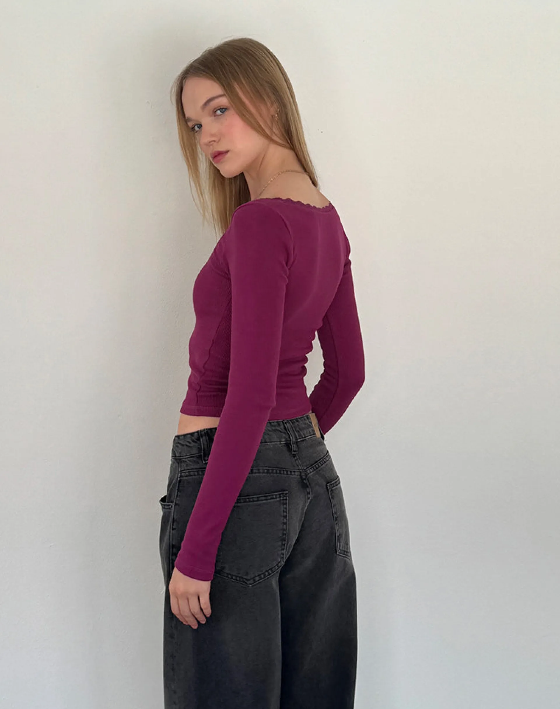 Motel Rocks Basics | Basic Tops-Bovita Long Sleeve Ribbed Top in berry