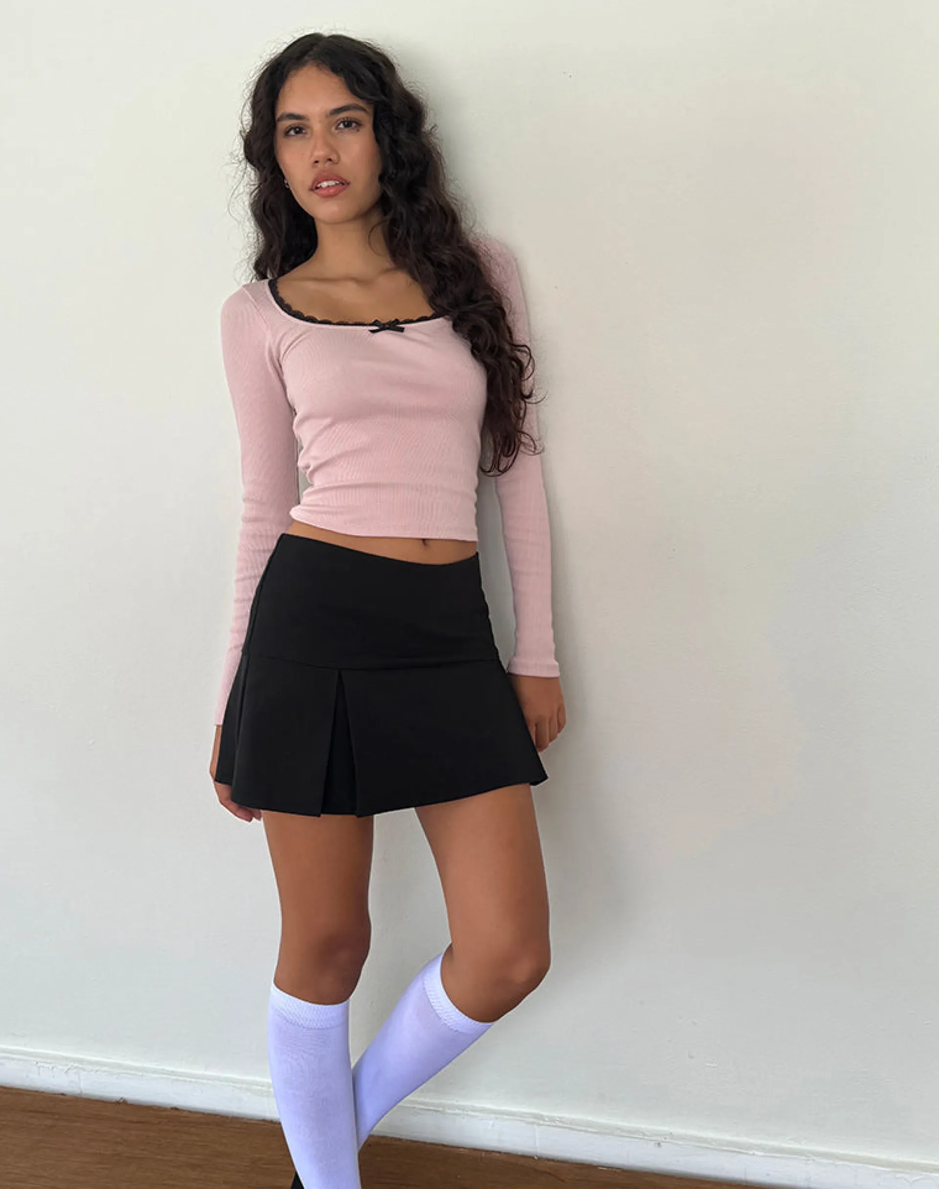 Motel Rocks Basics | Basic Tops-Bovita Long Sleeve Ribbed Top in Pink Lady with Black Lace PinkLadywithBlackLace