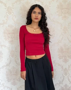 Motel Rocks Basics | Basic Tops-Bovita Long Sleeve Top in Adrenaline Red adrenalinered