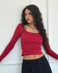 Motel Rocks Basics | Basic Tops-Bovita Long Sleeve Top in Adrenaline Red adrenalinered