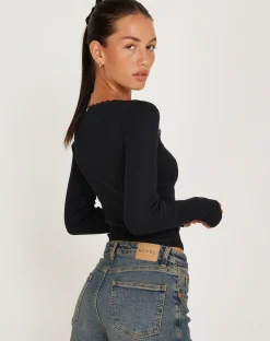 Motel Rocks Basics | Basic Tops-Bovita Long Sleeve Top in Rib Black RibBlack