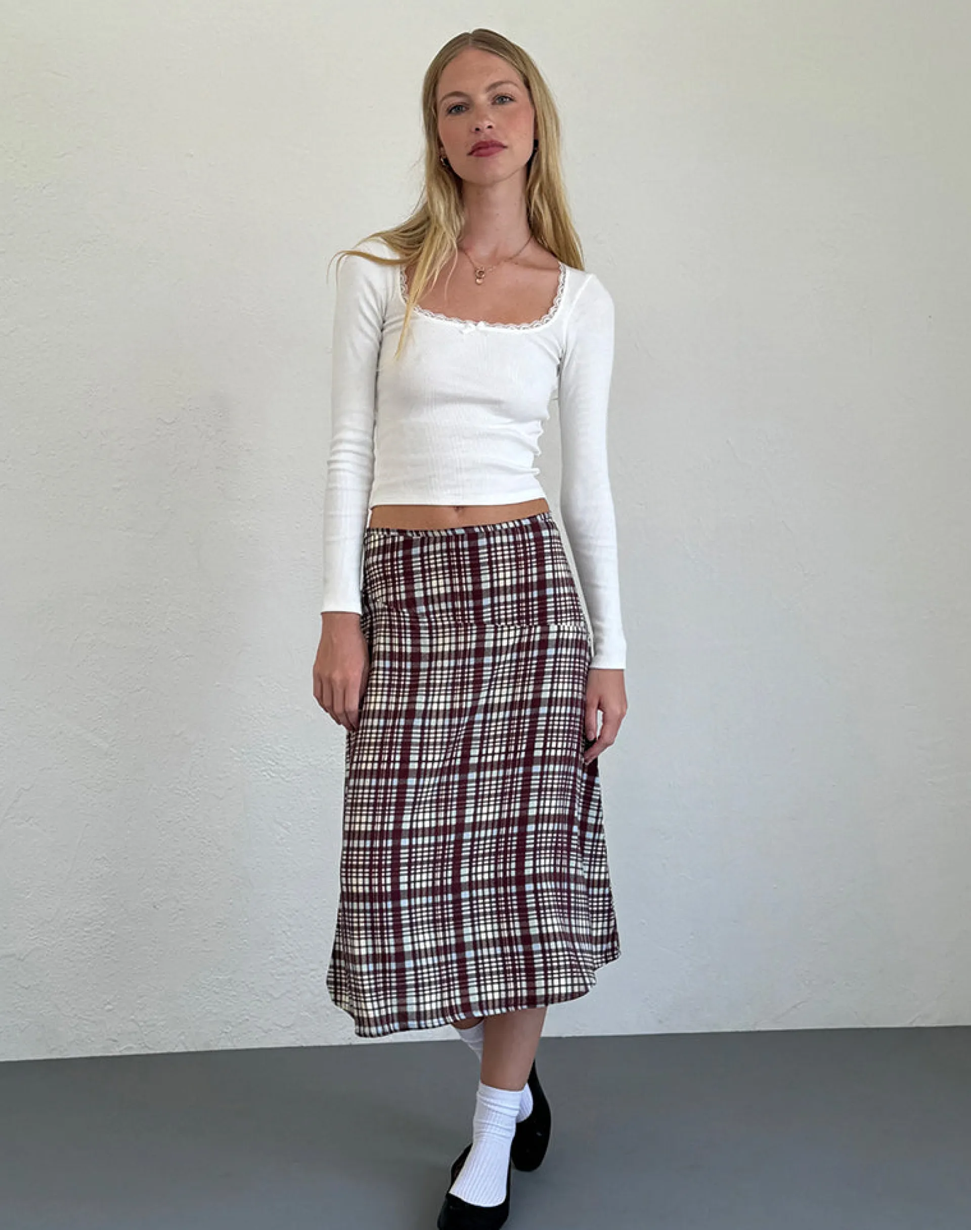 Motel Rocks Midi Skirts-Brella Midi Skirt in Multi Check Brown MultiCheckBrown
