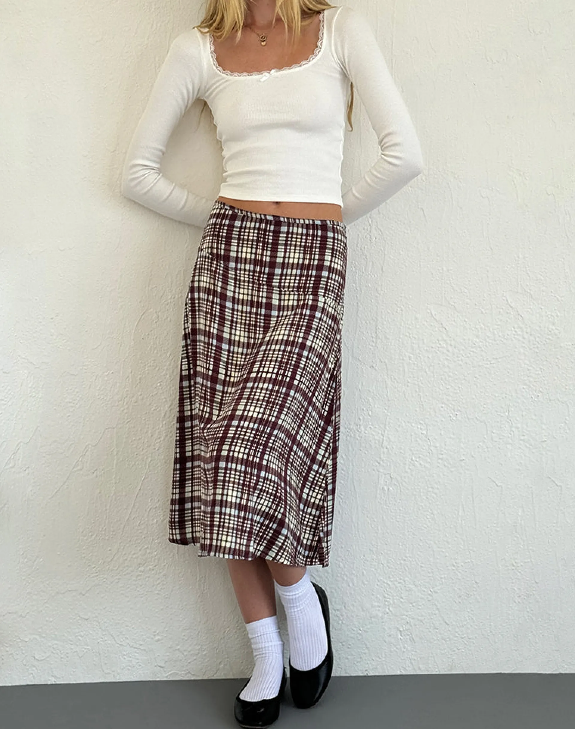 Motel Rocks Midi Skirts-Brella Midi Skirt in Multi Check Brown MultiCheckBrown