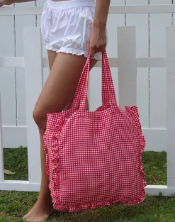 Motel Rocks Swimwear-Brie Frill Tote Bag in Red Gingham