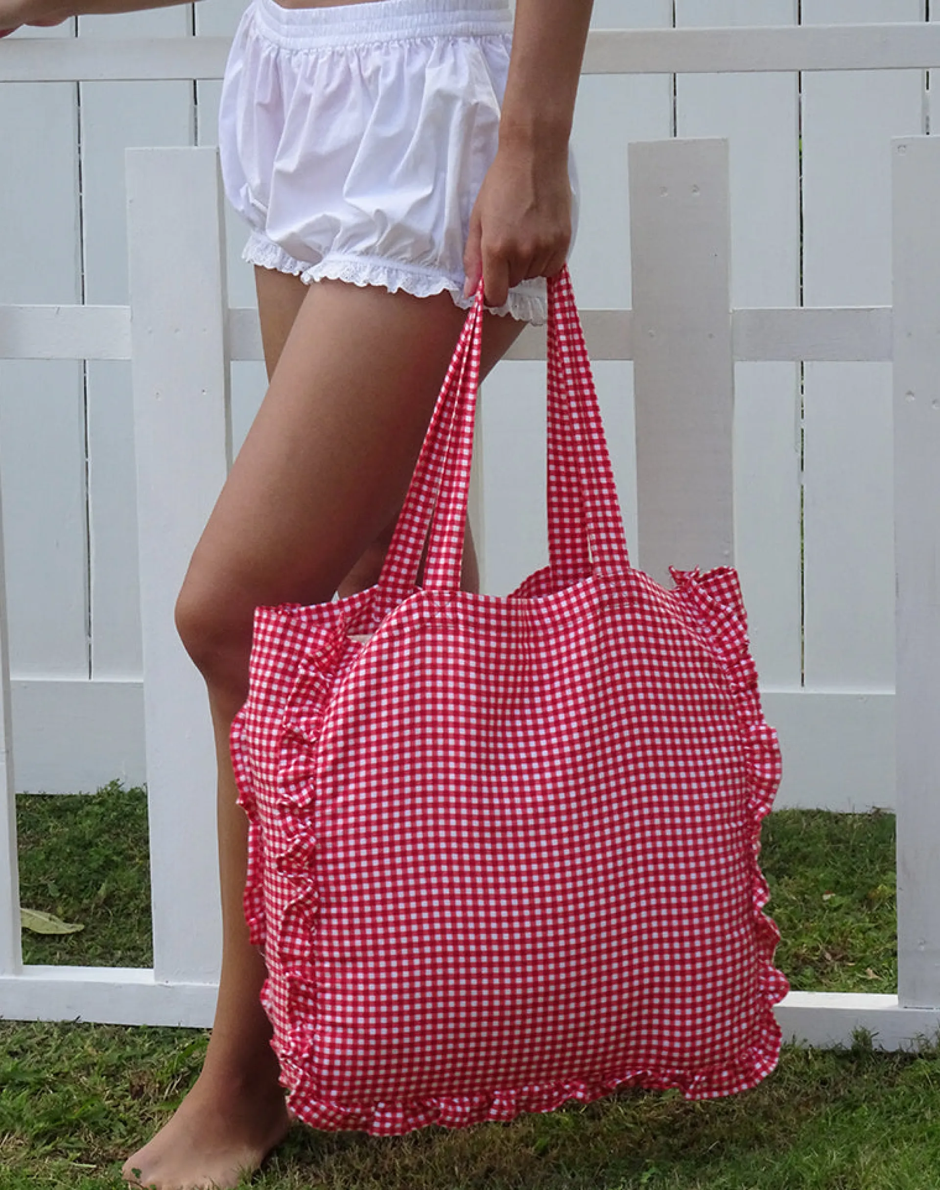 Motel Rocks Swimwear-Brie Frill Tote Bag in Red Gingham
