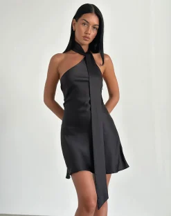 Motel Rocks Little Black Dresses | Party Dresses-Brigid One Shoulder Satin Dress in Black