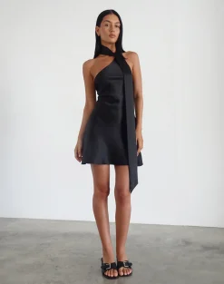 Motel Rocks Little Black Dresses | Party Dresses-Brigid One Shoulder Satin Dress in Black