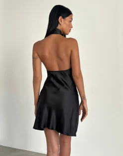 Motel Rocks Little Black Dresses | Party Dresses-Brigid One Shoulder Satin Dress in Black