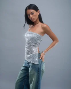 Motel Rocks Bandeau Tops | Sequin Tops-Brilia Bandeau Top in Sequin Knit Silver