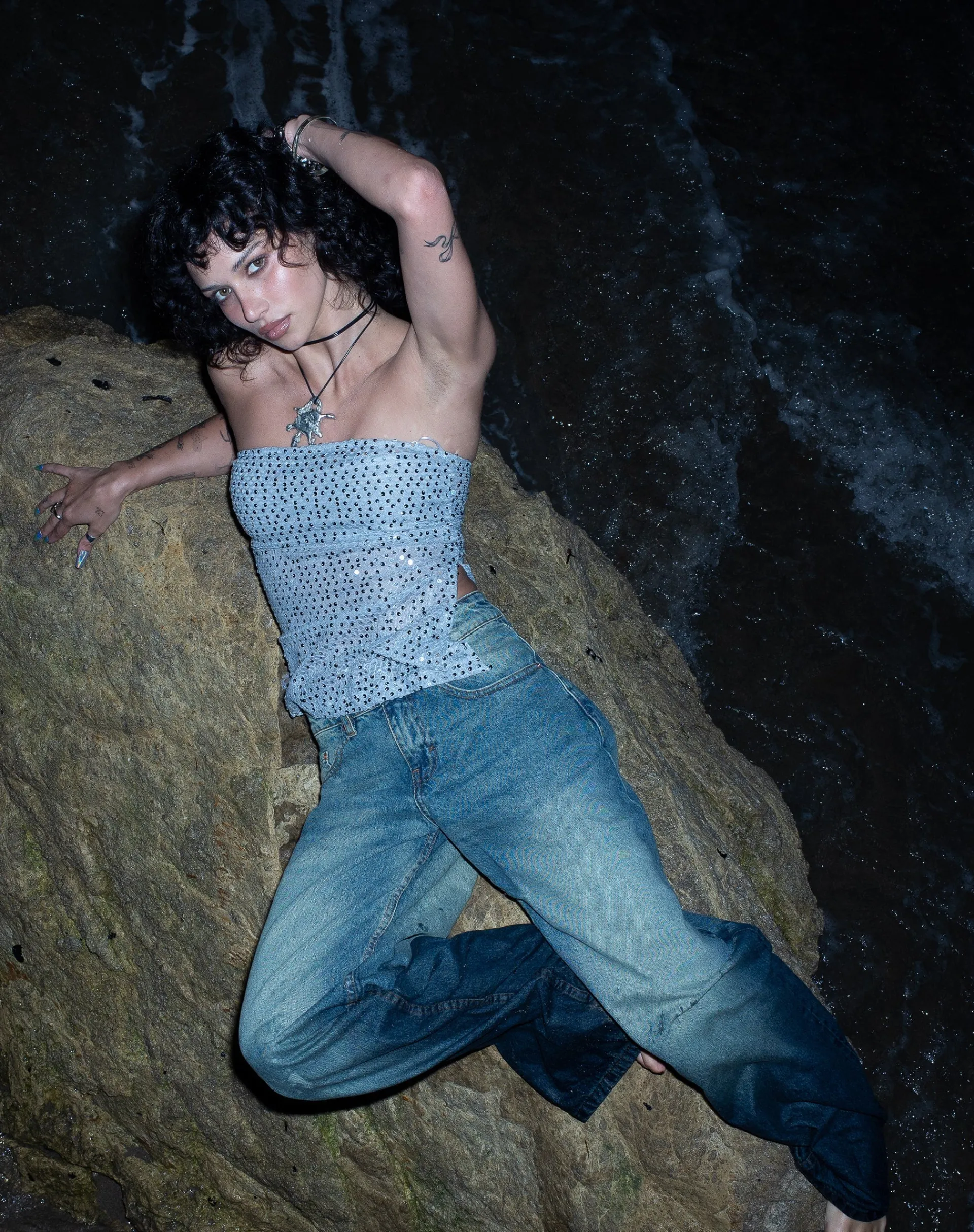 Motel Rocks Bandeau Tops | Sequin Tops-Brilia Bandeau Top in Sequin Knit Silver