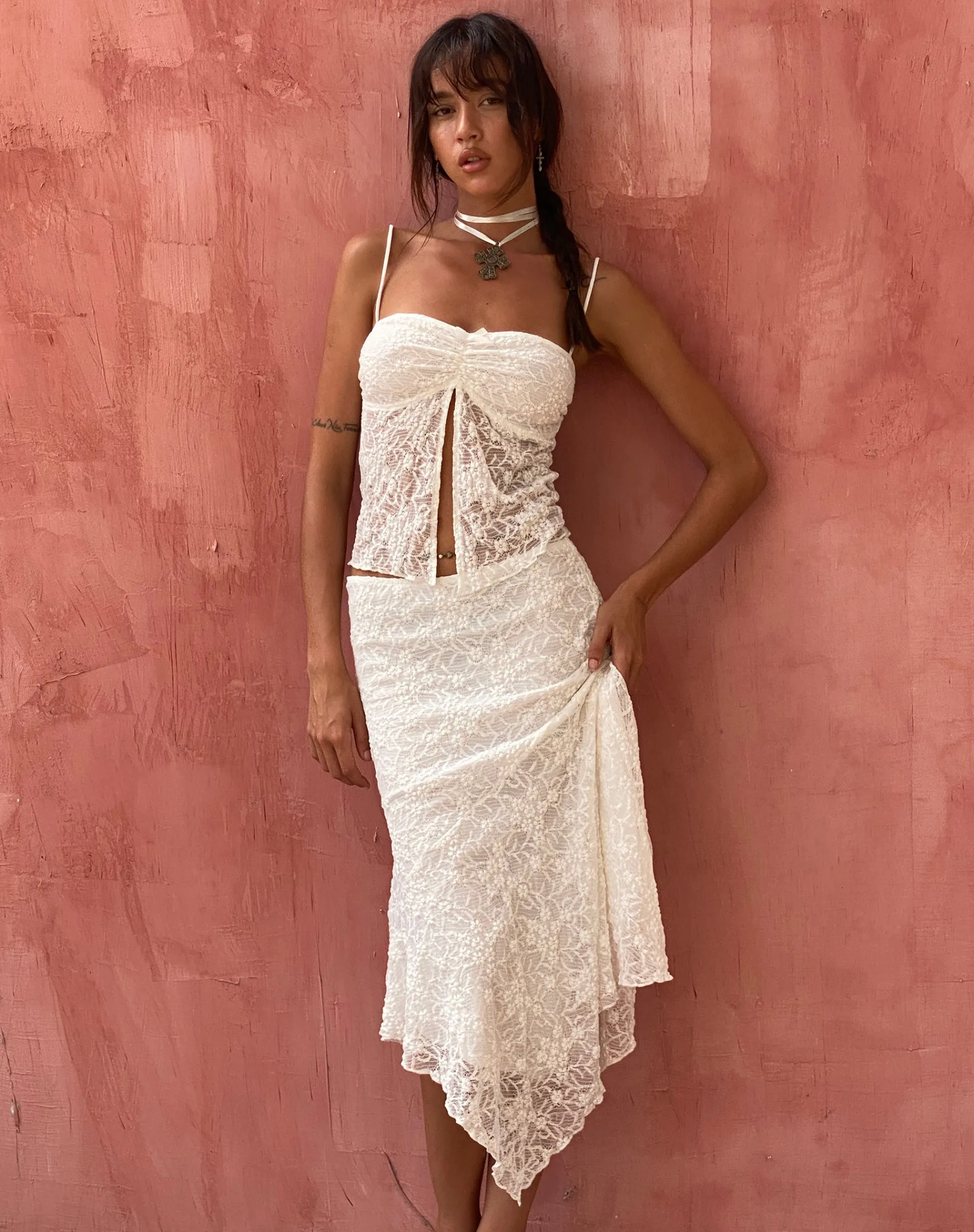 Motel Rocks Strappy Tops | Lace Tops-Briony Butterfly Top in Lace Ivory LaceIvory