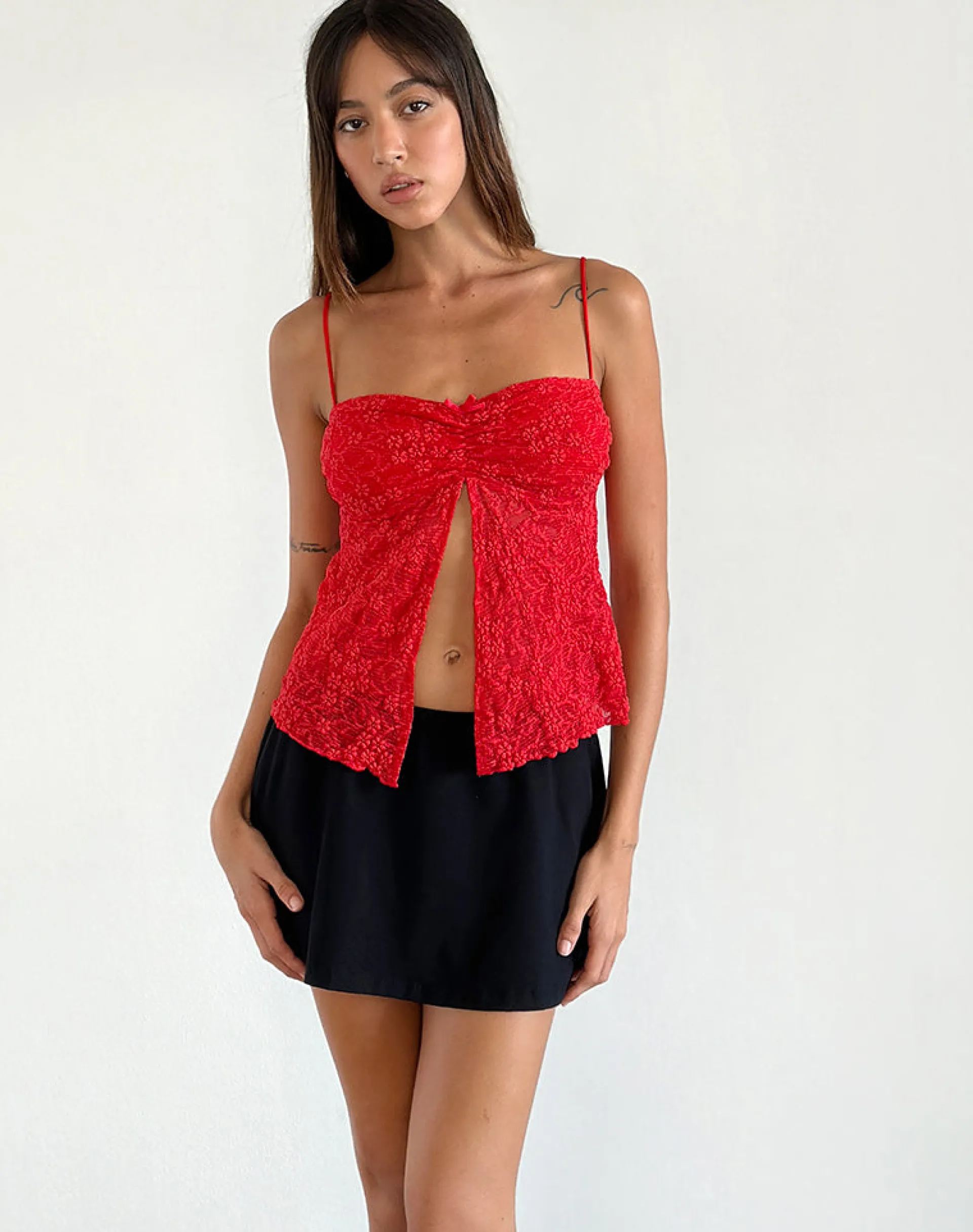Motel Rocks Strappy Tops | Going Out Tops-Briony Top in Lace Red LaceRed