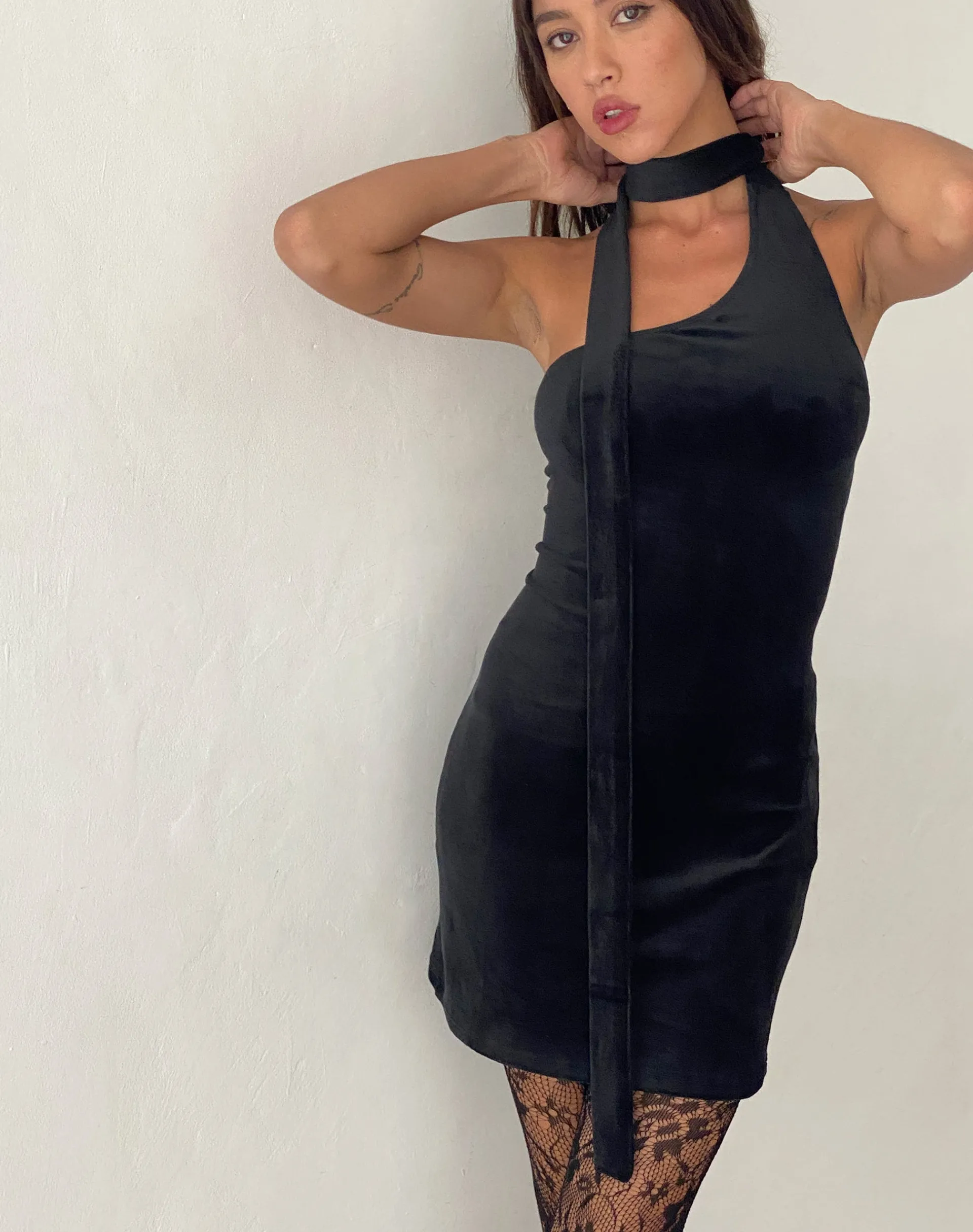 Motel Rocks Bodycon Dresses | Little Black Dresses-Bripca One Shoulder Neck Tie Mini Dress in Black Velvet