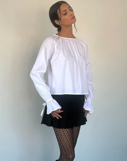 Motel Rocks Shirts And Blouses | Long Sleeve Tops-Bulila Tie Sleeve Blouse in White Poplin