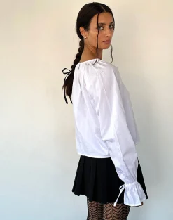 Motel Rocks Shirts And Blouses | Long Sleeve Tops-Bulila Tie Sleeve Blouse in White Poplin