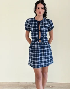 Motel Rocks Tailoring | Day Dresses-Byan Tie Front Dress in Tartan Dark Blue