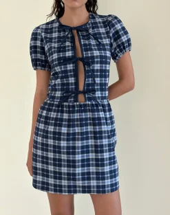 Motel Rocks Tailoring | Day Dresses-Byan Tie Front Dress in Tartan Dark Blue