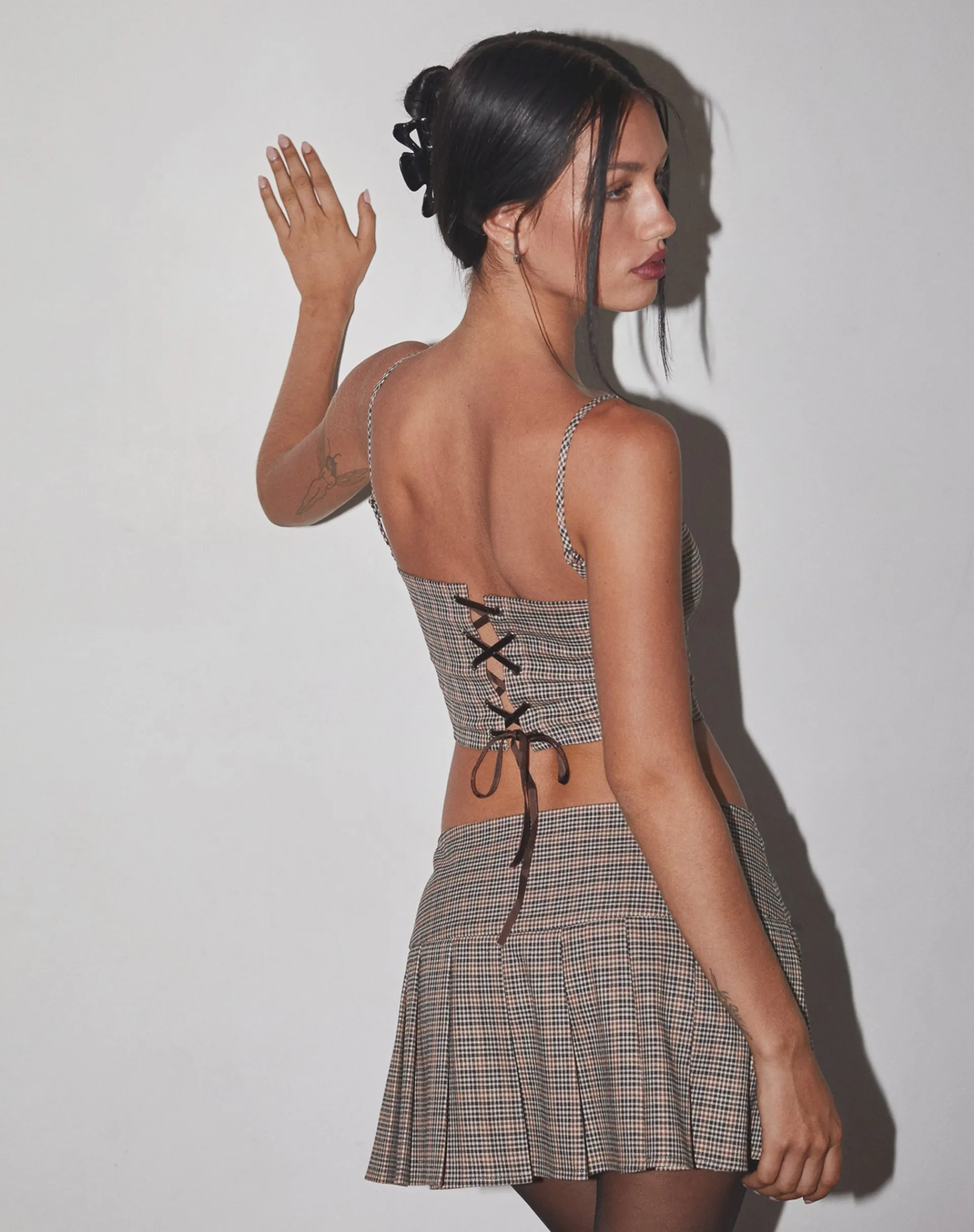 Motel Rocks Tailoring | Printed Tops-Calida Corset Top in Micro Check Brown