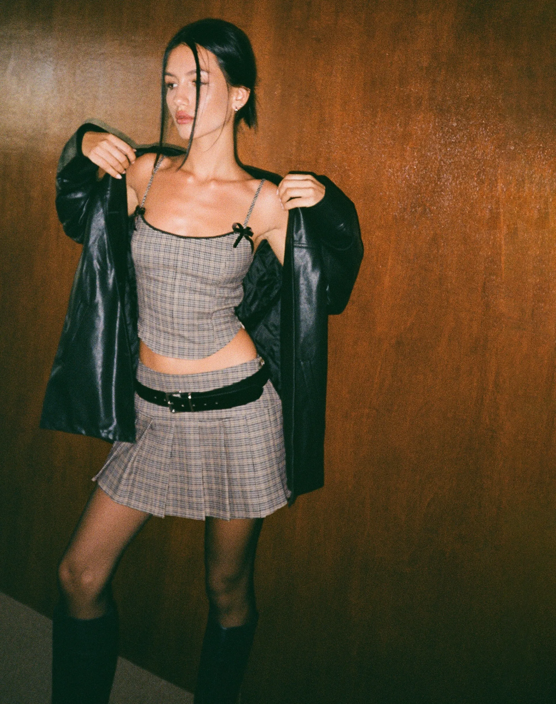 Motel Rocks Tailoring | Printed Tops-Calida Corset Top in Micro Check Brown